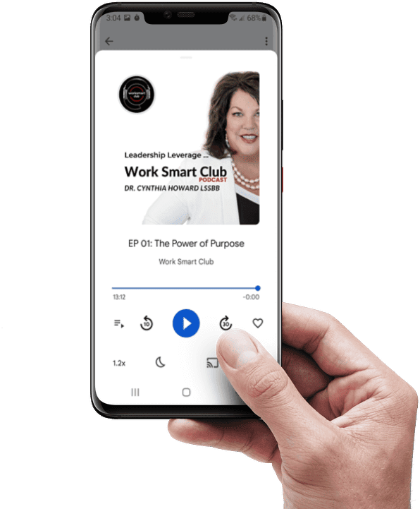 Hand holding iphone on the Work Smart Club Podcast page