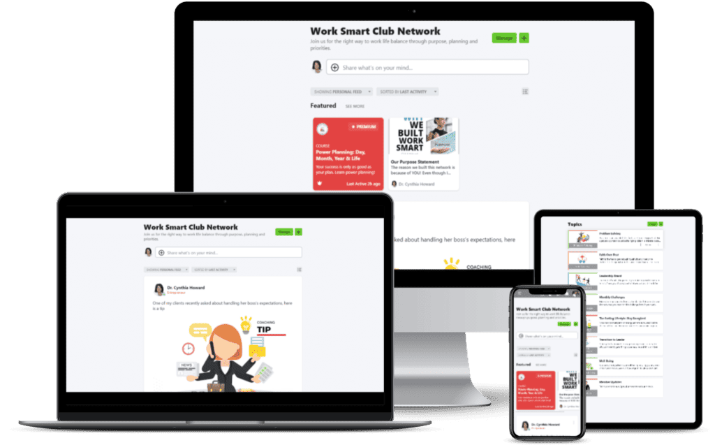 Mock ups of Work Smart Club Network on desktop, laptop, phone and tablet