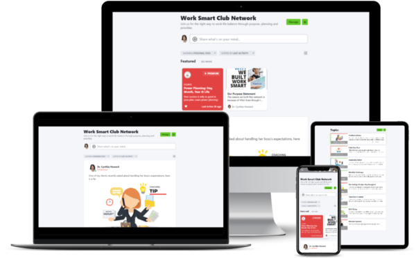 Mock ups of Work Smart Club Network on desktop, laptop, phone and tablet